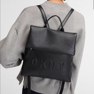 DKNY Black Faux Leather Tilly Logo Foldover Backpack